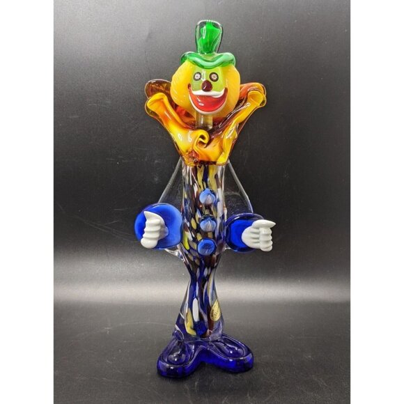 Vtg Murano Glass Clown Hand Blown Venetian Italy Green Hat Flower Eyes 10.5"